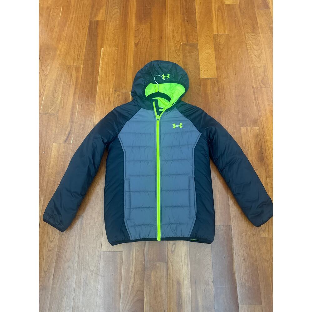Under Armour Boys Youth Medium ColdGear Hooded Puffer Jacket Grey Black Volt